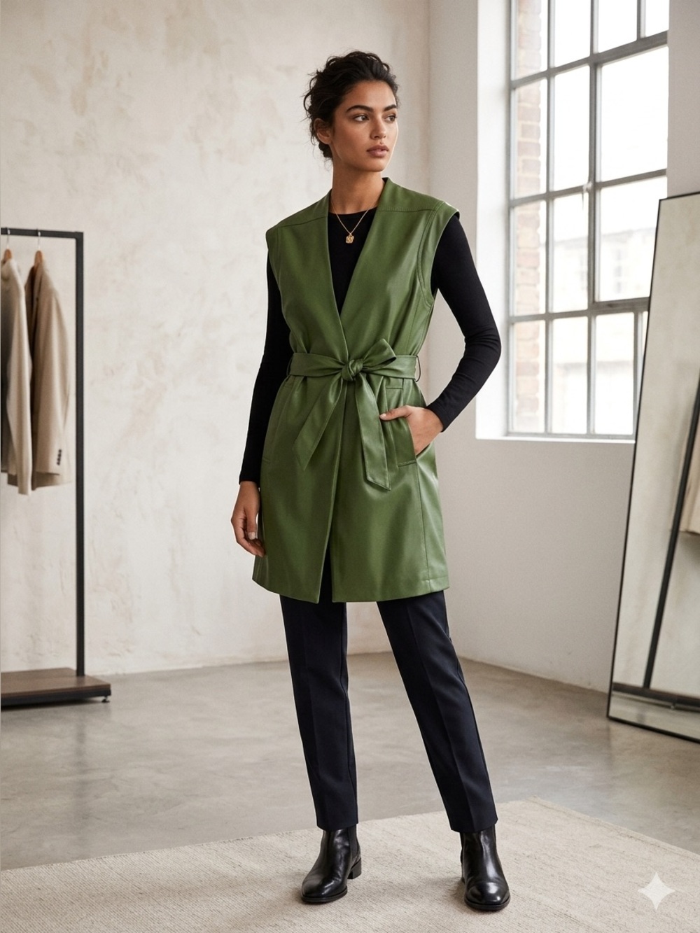Mango Green Sleeveless Tie-Waist long vest